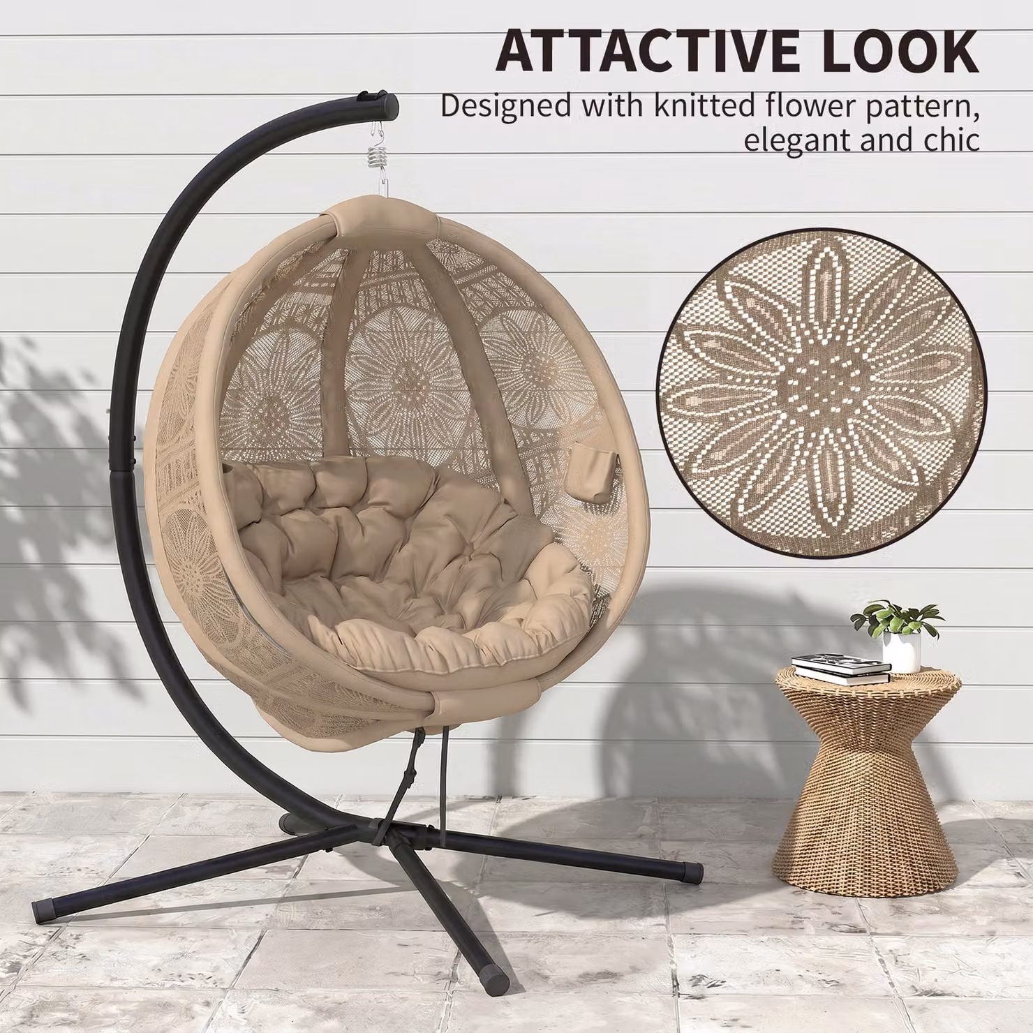 Outsunny Round Egg Basket Lounge Chair with Powder Coated Steel Stand and Beige Cushions – 4