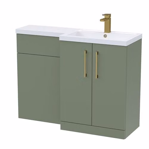 Balterley L-Shaped Vanity Unit and WC Unit with Basin and Worktop, Green, Floor Standing with 2 Soft Close Doors and Brushed Brass D Shape Handles, Right Hand Configuration