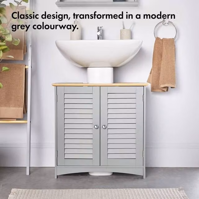 EONLION Grey Modern Freestanding Bathroom Under Sink Cabinet with Internal Shelves and Hinged Doors – 1