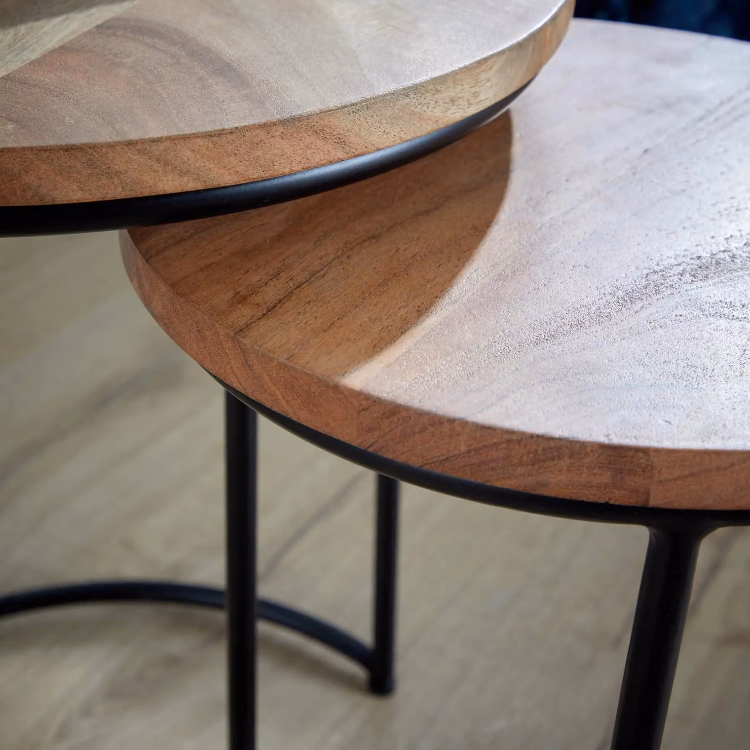 Home Source Nest 2 Round Acacia Wood Tables with Iron Legs in Light Oak – 3