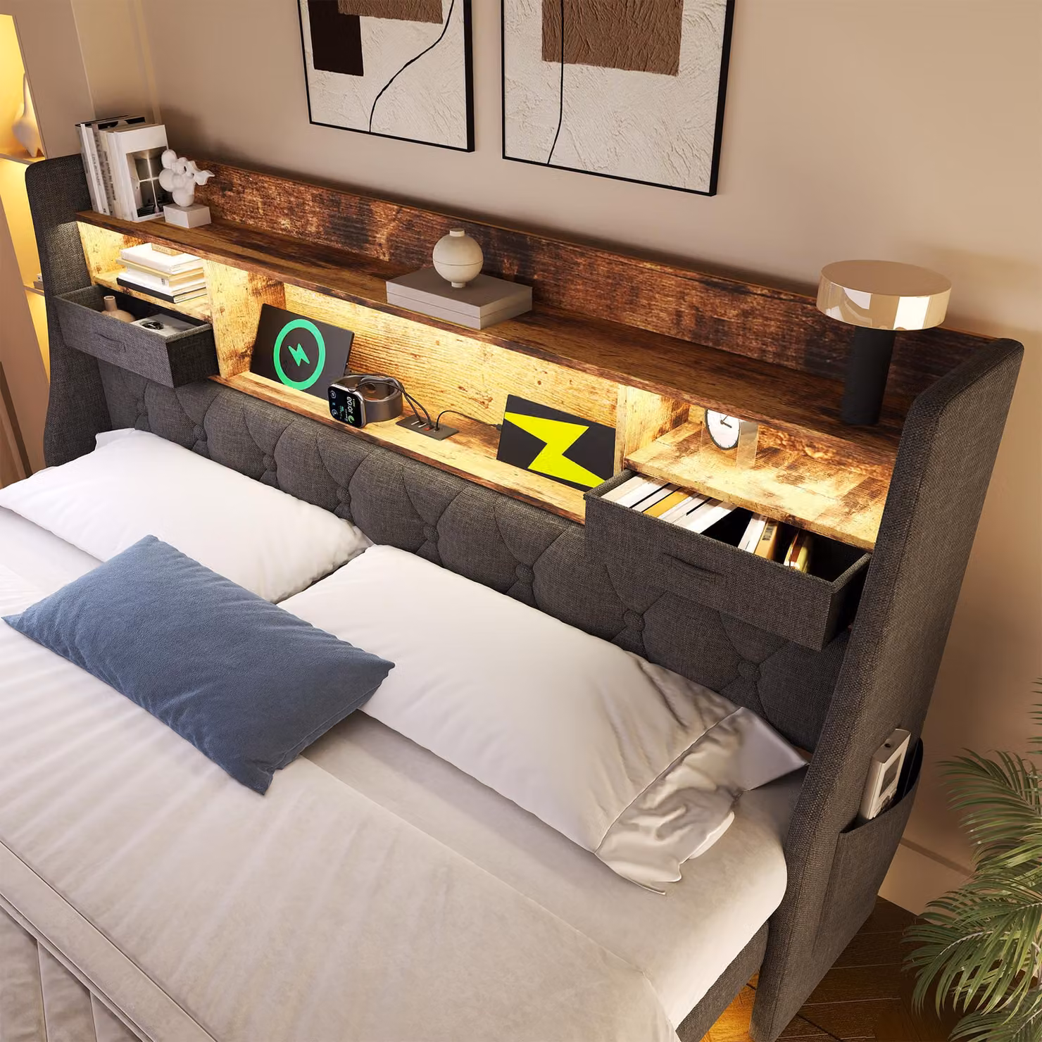 Aosom UK Upholstered Double Floating Bed in Grey with LED Mood Lighting, Storage Headboard, USB Charging Port and Side Compartments, W/D/H: 142 x 202 x 114 cm – 8