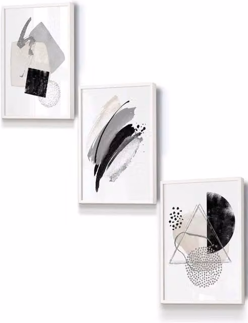 ARTZE Abstract Geometric Watercolour Shapes Framed Wall Art in Black, Grey and White, W: 33 cm, H: 45 cm, D: 2 cm