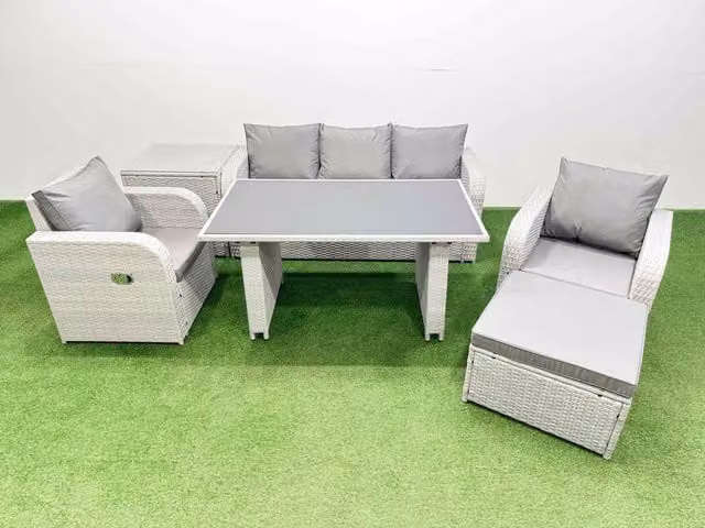 Fimous 6-Seater Outdoor Rattan Garden Dining Set with Side Table in Light Grey