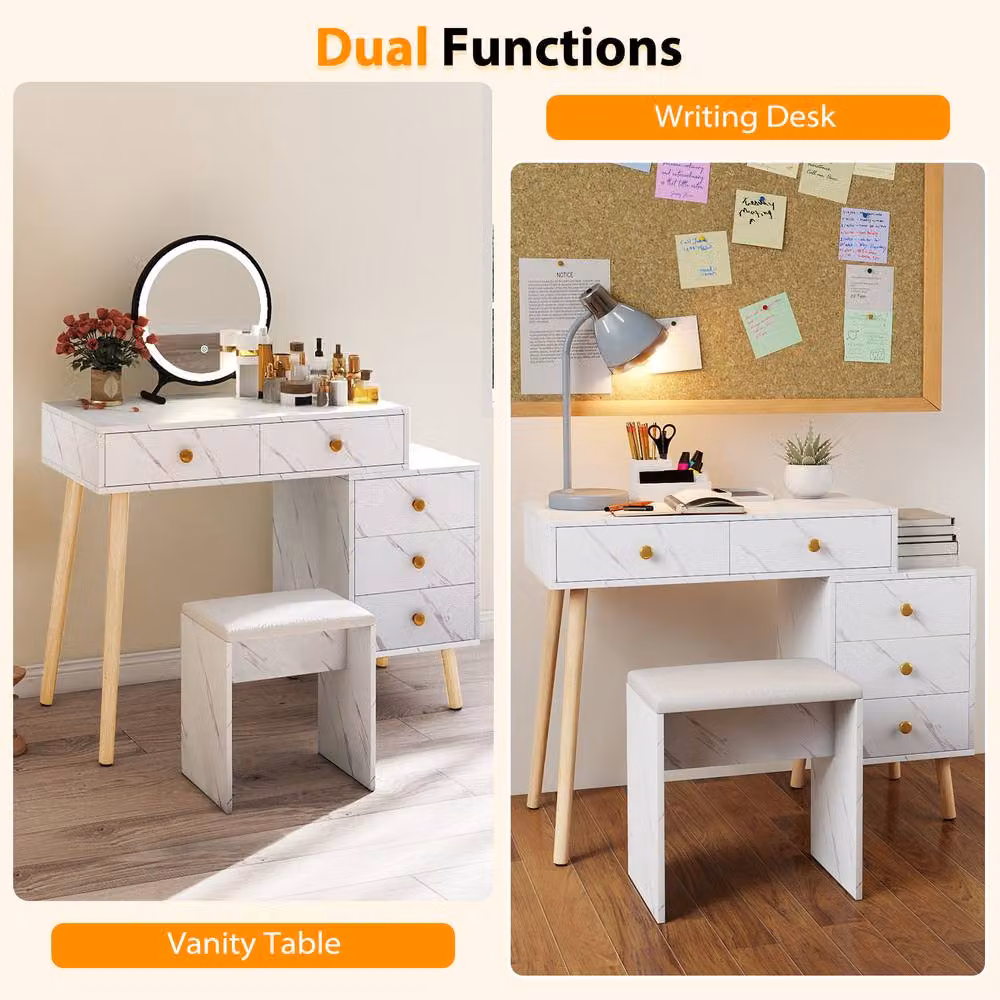 Costway Modern White Makeup Vanity Set with Stool, Hollywood LED Mirror and Marble Top – 3