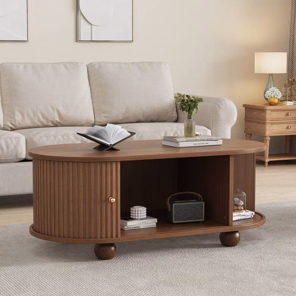 STILVORA Oval Coffee Table with 2 Sliding Doors, Brown Oak – 3