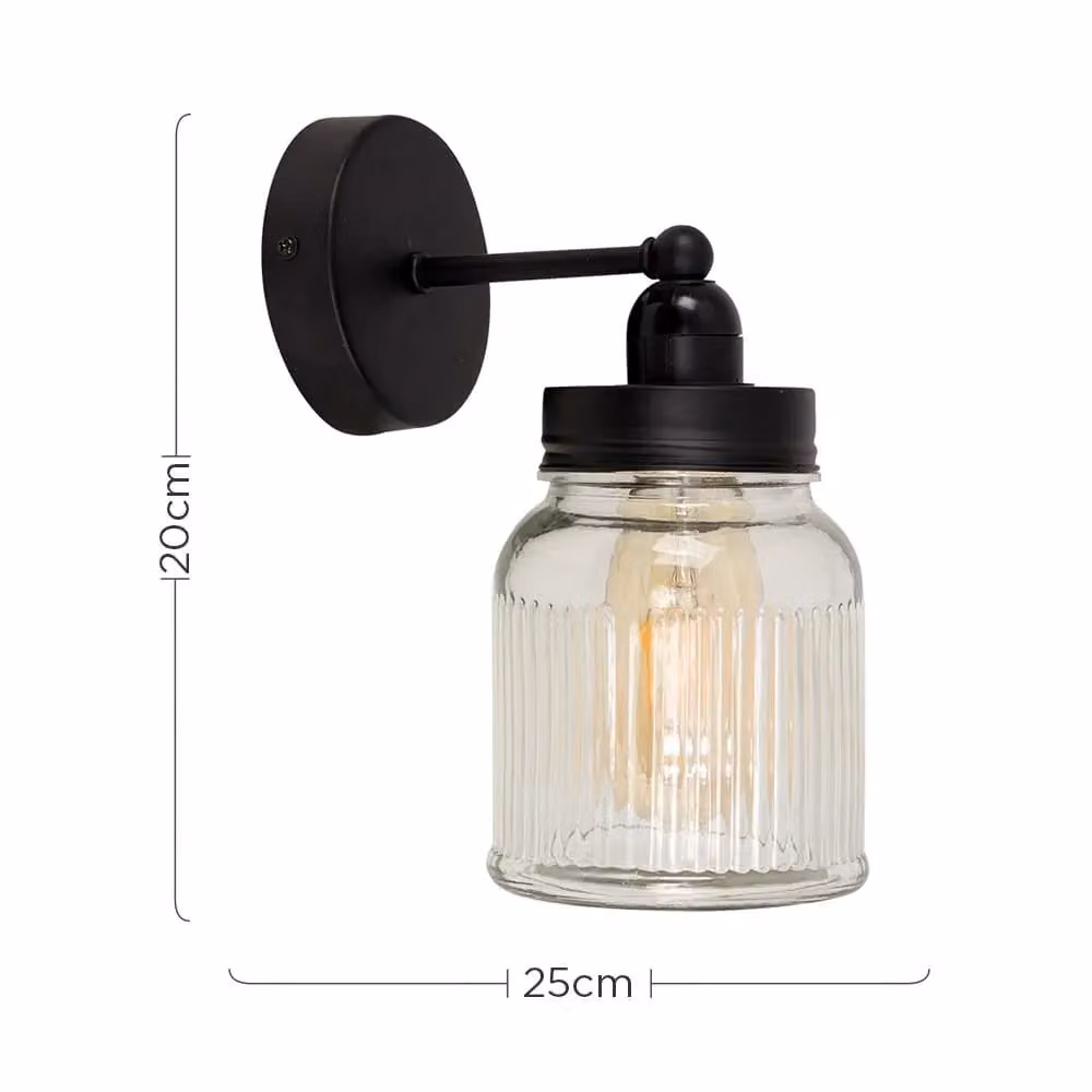 ValueLights Cambourne Black Indoor Wall Lantern with Transparent Ribbed Glass and 4W LED Bulb – 2