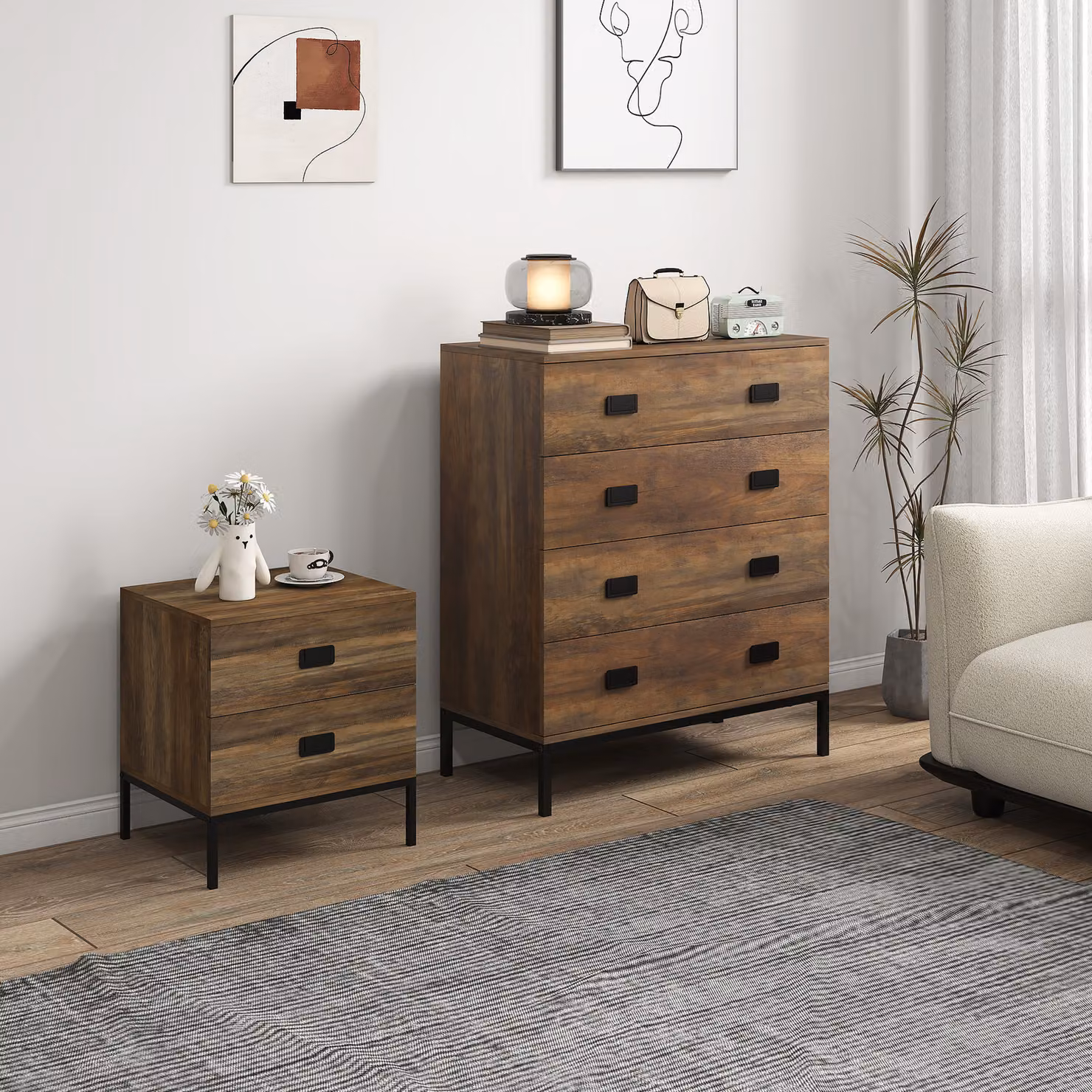 HOMCOM Industrial Style Chest of Drawers and Bedside Table Set in Black and Brown with Metal Accents – 2