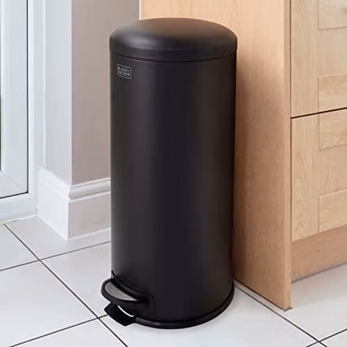 BLACK+DECKER 30 Litre Dome Kitchen Pedal Bin with Soft Close Lid and Removable Inner Bucket in Matte Black Steel – 1