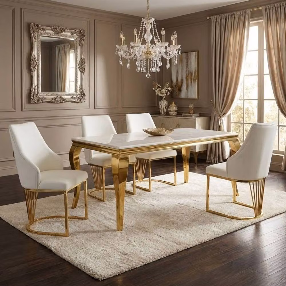 HOME LUXE INTERIOR Sofia Rectangular Marble Dining Table and 4 Lasco Fabric Chairs in Cream and Gold – 4