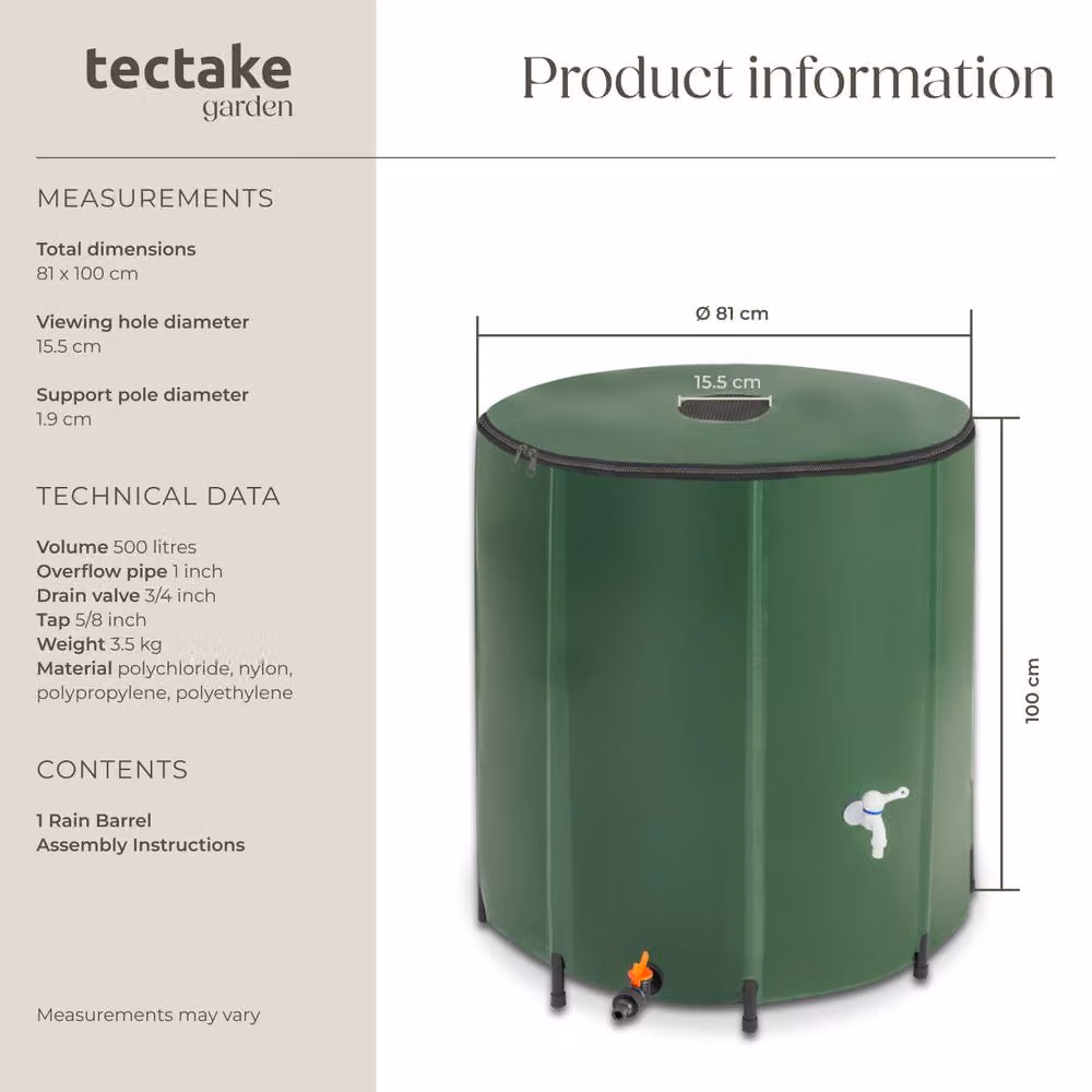 tectake Green Rain Barrel with Tap and Overflow Protection, 500 l – 4