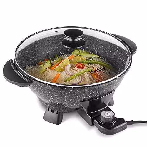 VonShef 1400W Electric Non-Stick Wok with Tempered Glass Lid, 5L Multicooker Skillet in Black