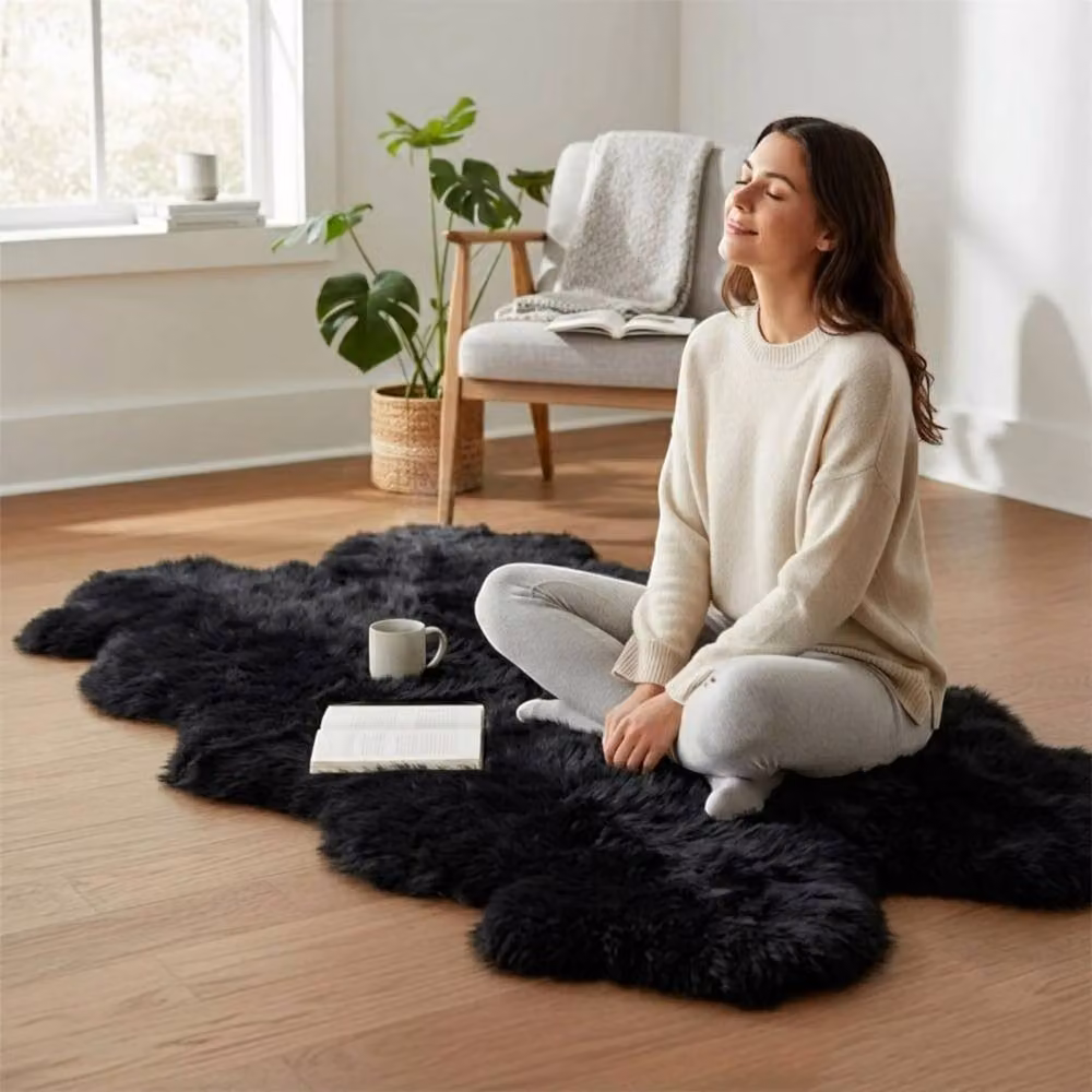 Infinity Leather Black Genuine Sheepskin Wool Quad Rug W/D: 180 x 110 cm – 2