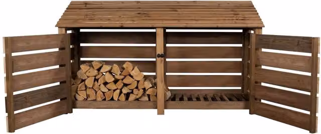 Arbor Garden Solutions Slatted Double Bay Wooden Log Store with Doors in Brown, W: 126 cm, H: 88 cm, D: 227 cm