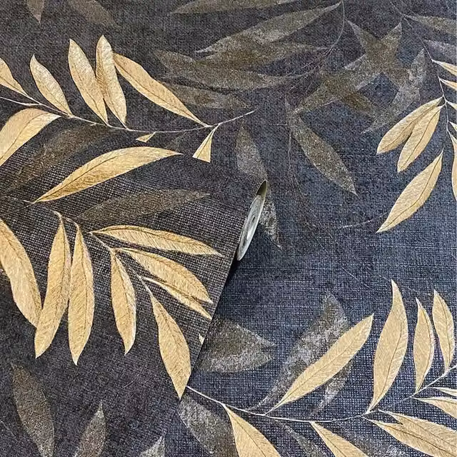 Arthouse Luxury Leaf Hessian Effect Textured Vinyl Wallpaper in Navy Blue and Champagne Gold