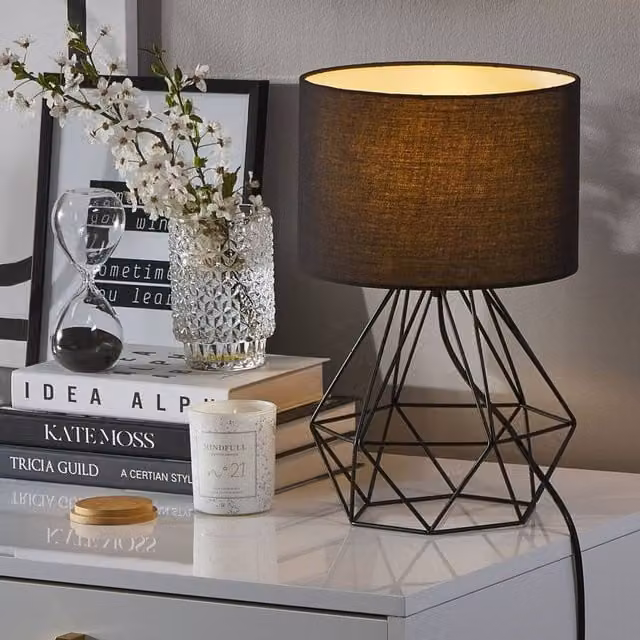 Wyld and Coco Industrial Table Lamp in Black with Metal Wire Cage and Fabric Shade