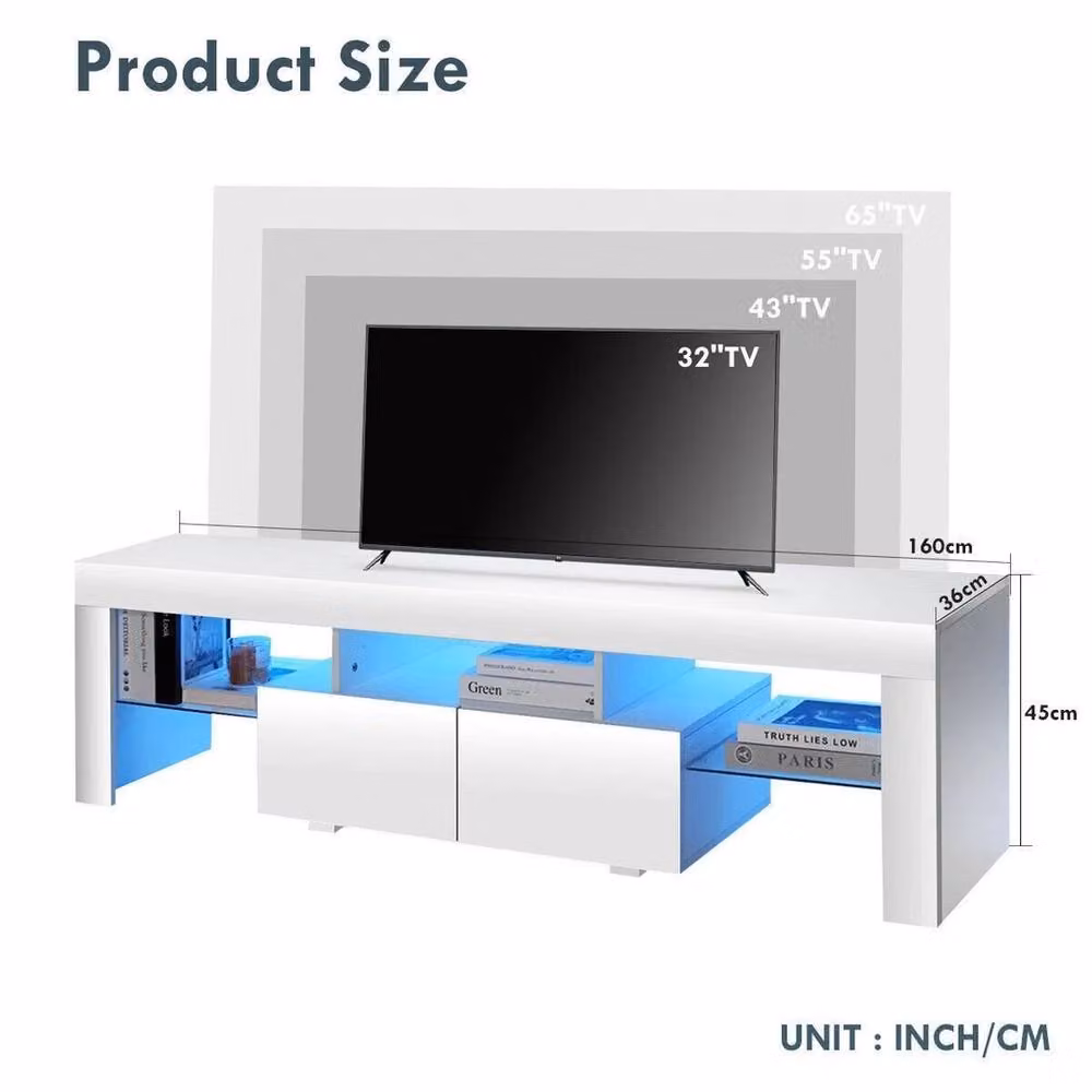 EONLION Modern White Glossy TV Unit Cabinet with Integrated Lighting, Width: 100 cm – 2