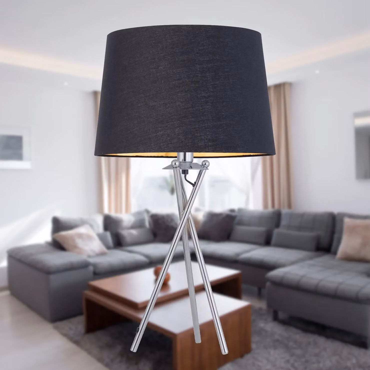 First Choice Lighting Tripod Chrome Lamp with Black and Gold Fabric Shade, H 53.0 x W 28.5 x D 28.5 cm – 4