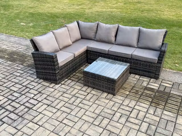 Fimous 6 Seater Rattan Garden Dining Set with Square Coffee Table in Dark Grey