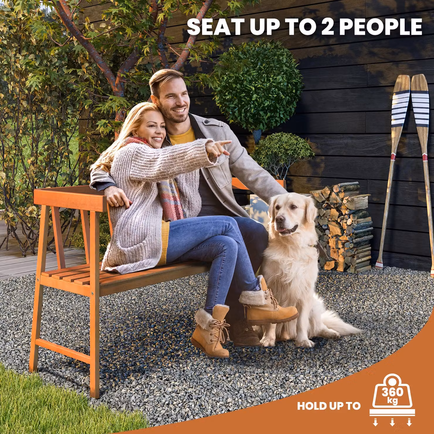 Gymax 2-Person Wooden Outdoor Patio Bench with Backrest and Armrests in Orange – 3
