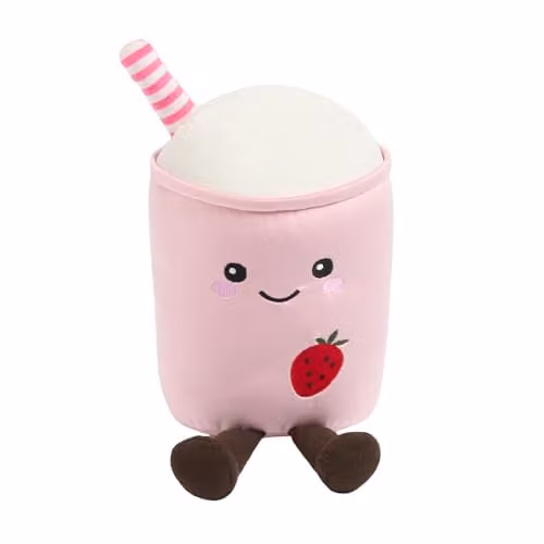 OHS Pink Milkshake Plush Pillow, Round Decorative Fleece Scatter Cushion, 25 cm