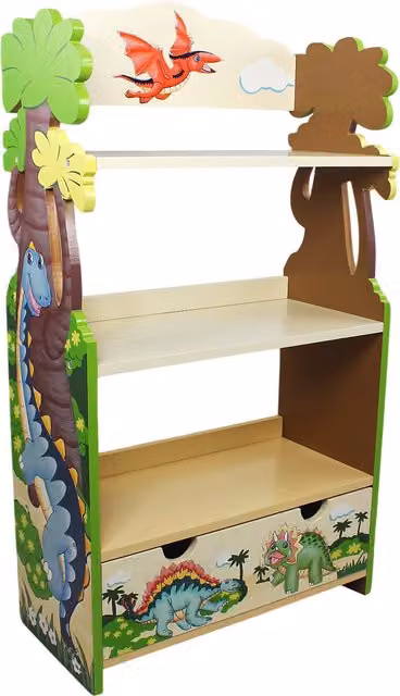 Teamson Kids Dinosaur Kingdom Wooden Bookcase Display Storage for Children, Green and Multicolour