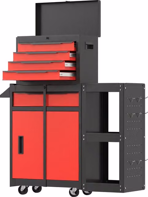 HOMCOM Red Steel Mobile Modular Tool Chest with 5 Drawers, Side Rack, Pegboard and Lock