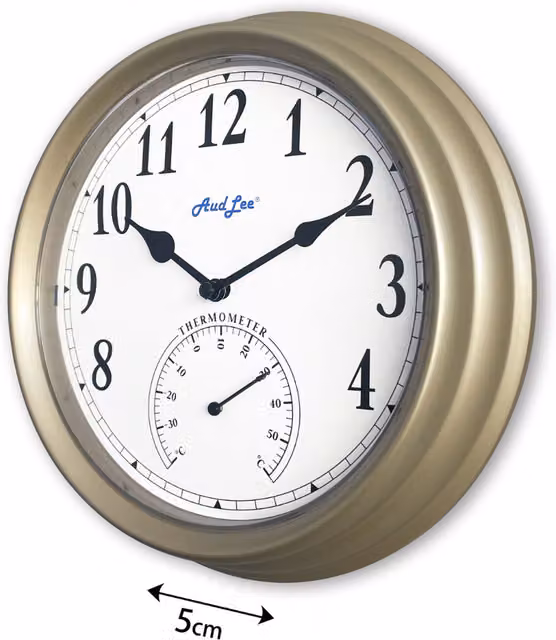 Audlee Round Analog Wall Clock with Thermometer in Champagne Gold