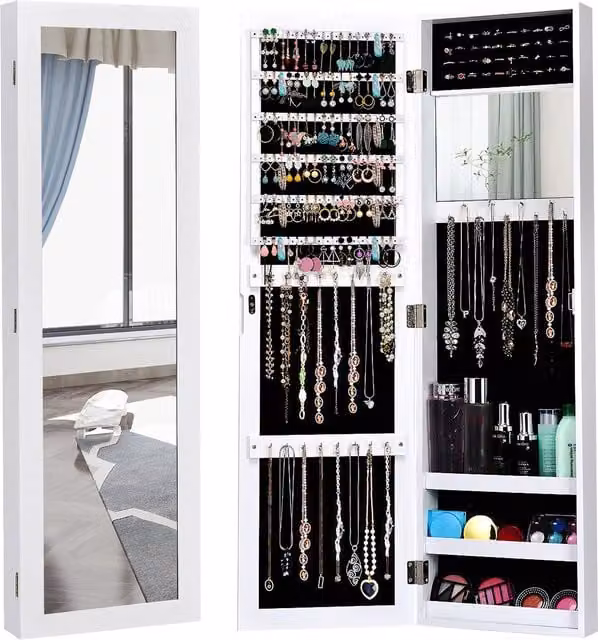 Costway White Mirrored Jewelry Cabinet and Makeup Armoire with Wall-Mounted Glass Doors