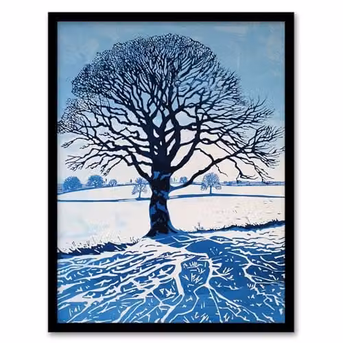 Artery8 Winter Oak Tree Silhouette Snow Field Landscape Framed Wall Art Print, White and Blue, W: 29.7 cm, H: 32.3 cm