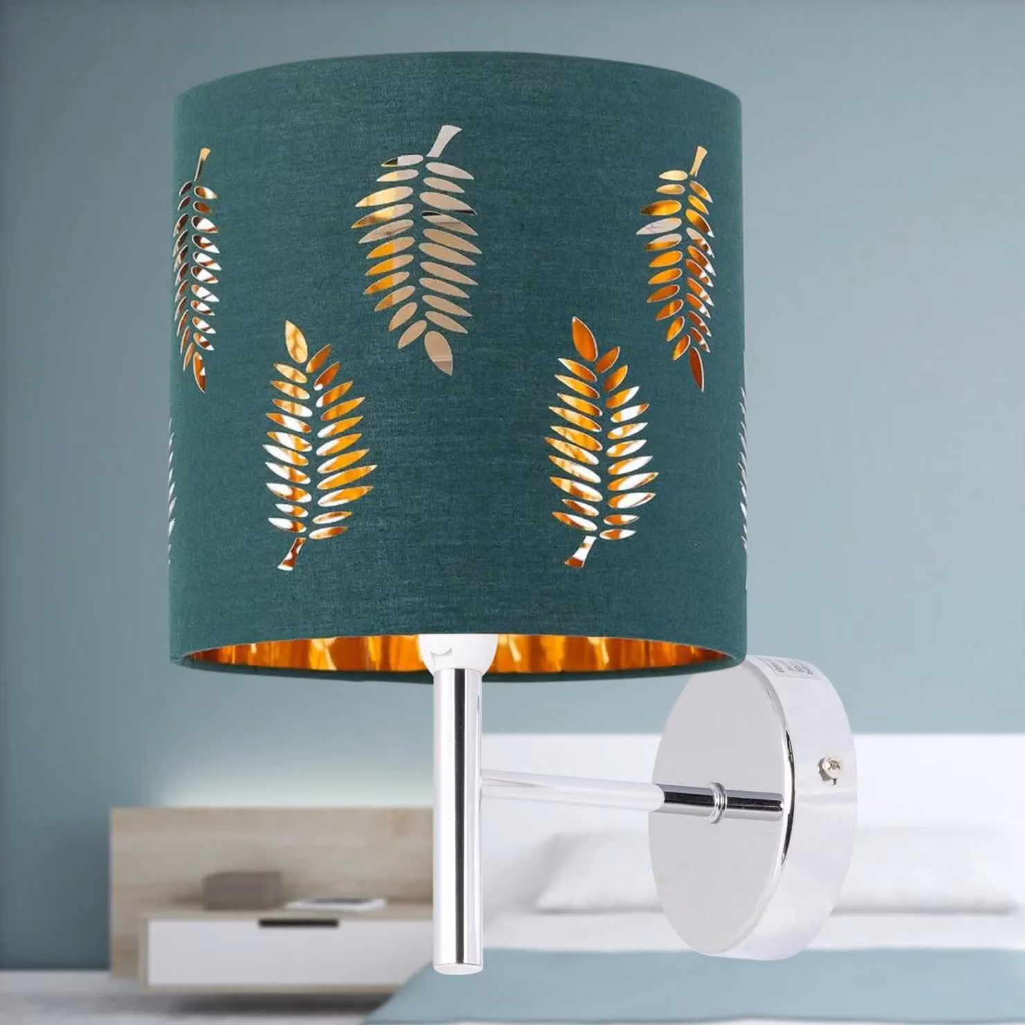 First Choice Lighting Brea Chrome Wall Light with Green Fabric Shade – 3
