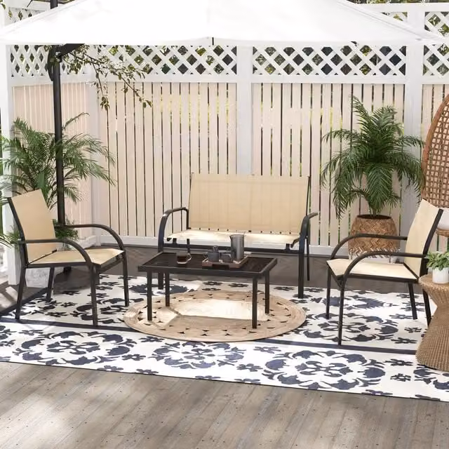Outsunny 4 Piece Curved Powder Coated Steel Outdoor Dining Set with Glass Table in Beige and Yellow