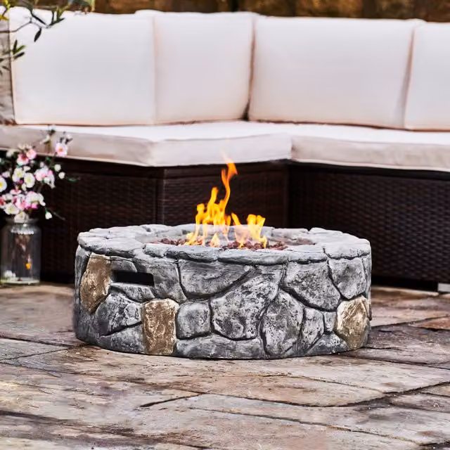 Teamson Home Round Propane Gas Fire Pit Table with Stone Effect Burner, Lava Rocks and Cover, Grey, W/D/H: 71 x 71 x 23 cm