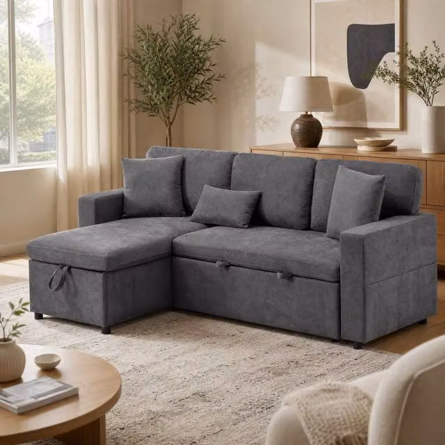 STILVORA 3 Seater Reversible Fabric Sofa Bed with USB Charging and Storage in Grey