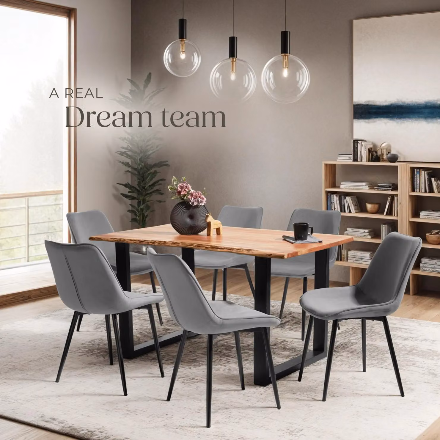 tectake Monroe Dining Chair Set of 6 in Grey Velvet Fabric with Metal Frame – 6