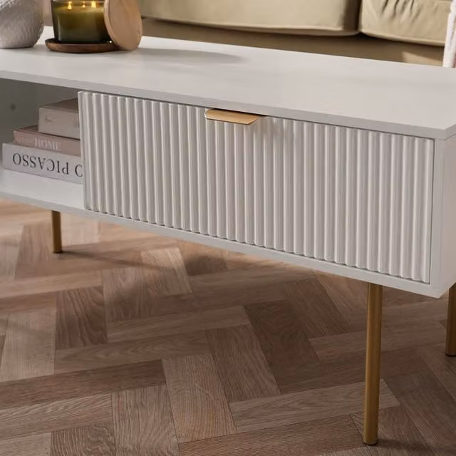 OHS Modern Ribbed Wood Coffee Table with Drawer in White