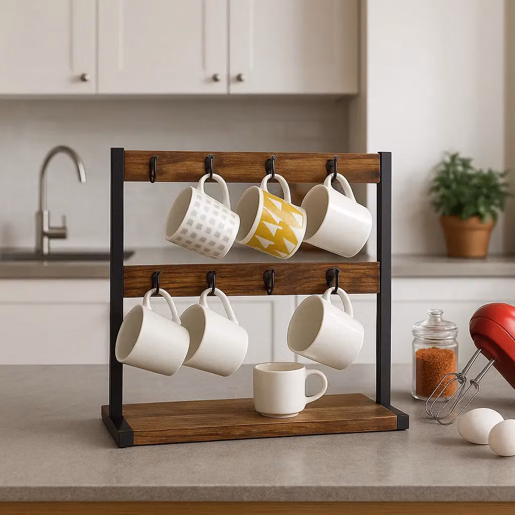Rafaelo Mobilia Industrial Wooden Mug Holder Stand in Brown – 2