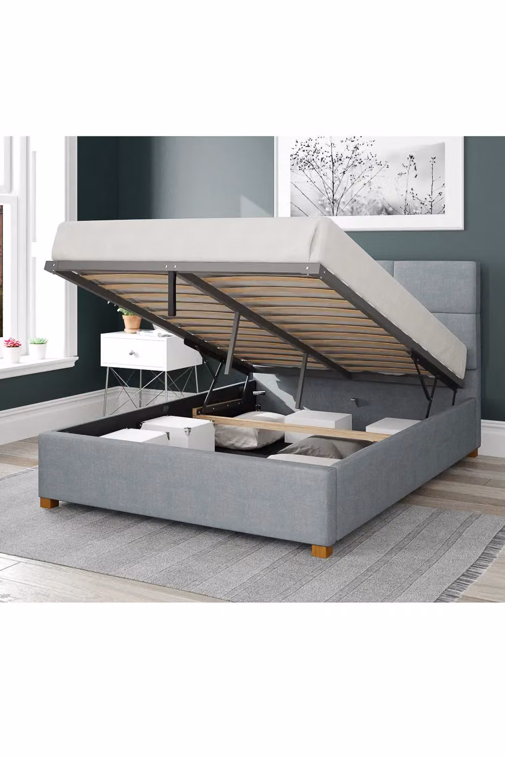 Aspire Caine Upholstered Ottoman Storage Bed in Light Blue Malham Weave Fabric, Super King, 200 x 200 cm – 2