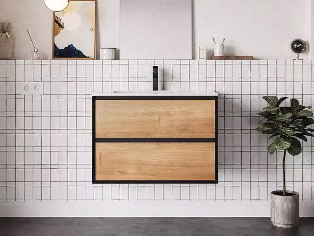 LANNICK LANNICK Wall-Mounted Vanity Unit in Natural and Black, W: 80 cm, D: 45.6 cm, H: 55 cm