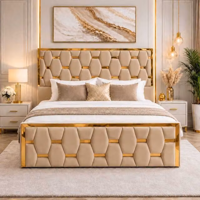 K Mehmood Enterprise Ltd Modern Beige Fabric Upholstered Ottoman Bed with Geometric Tufted Headboard and Lift Up Base