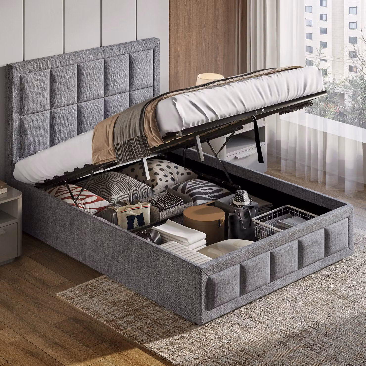 DHS Grey Upholstered Linen Ottoman Bed Frame with Lift Up Base, W/D/H: 120 x 200 cm