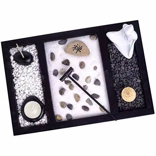 London Boutique Zen Garden Buddha Candle and Incense Holder Meditation Gift Set with Yin Yang, White Sand and Decorative Stones in Brown, Black and White – 5
