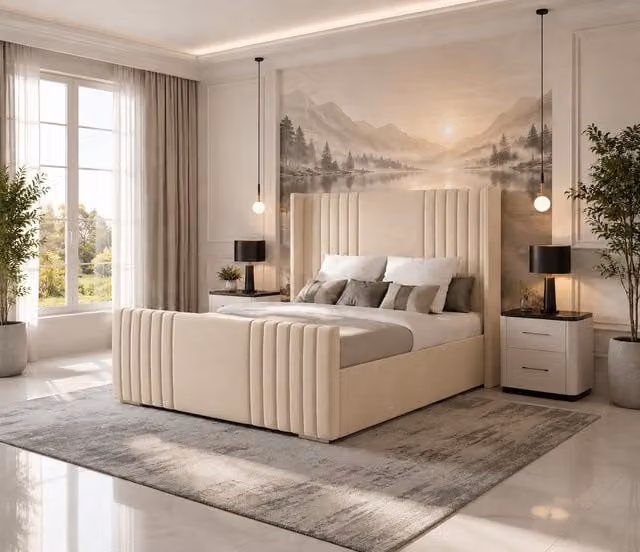 K Mehmood Enterprise Ltd Luxury Modern Upholstered Divan Bed Set with Mattress and Headboard in Beige, Width: 135 cm