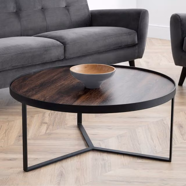 Julian Bowen Loft Modern Round Glass Coffee Table with Sled Base in Black and Brown