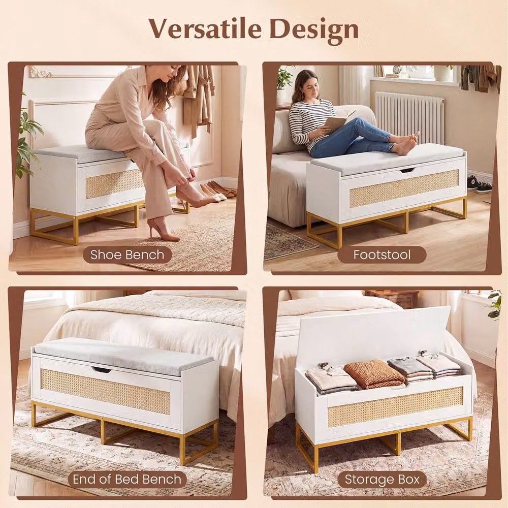 Costway Modern Rattan Storage Chest in White and Gold with Removable Top Pad – 3