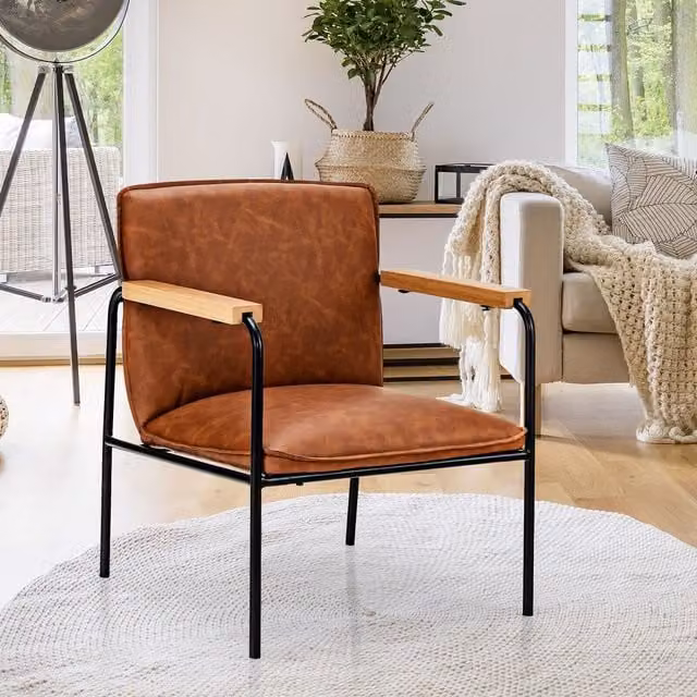 Costway Mid-Century Brown Synthetic Leather Upholstered Armchair with Armrests