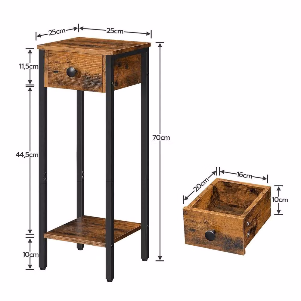 FORGEVIO Slim Bedside Table with Drawer in Brown and Black, W/D/H: 25 x 25 x 70 cm – 2