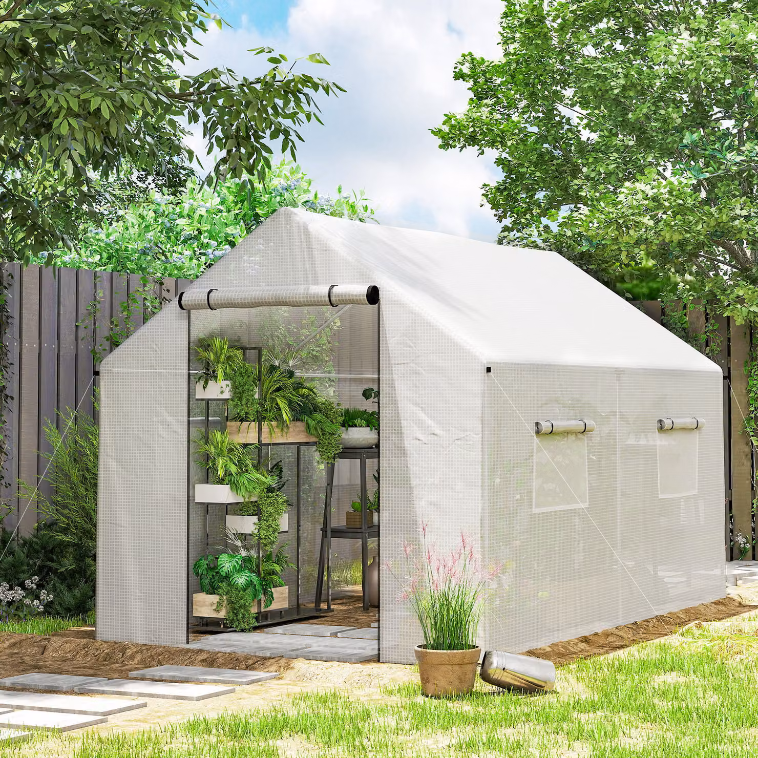 Outsunny White Walk-in Poly Tunnel Greenhouse with Pointed Roof, W/D/H: 2 x 2 x 3 m – 2