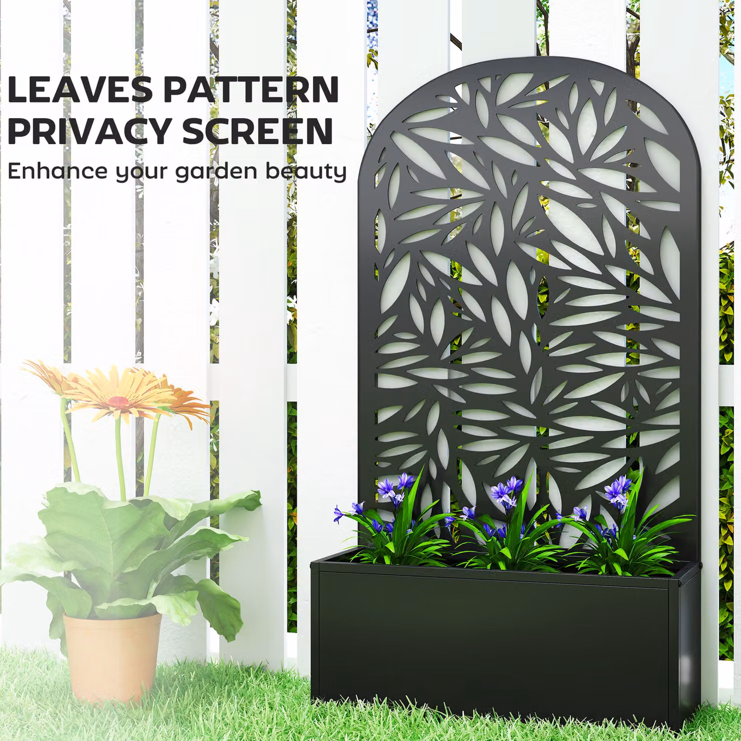 Outsunny Metal Garden Bed with Trellis and Curved Privacy Screen, Black Raised Planter for Ornamental or Vegetable Gardens – 6