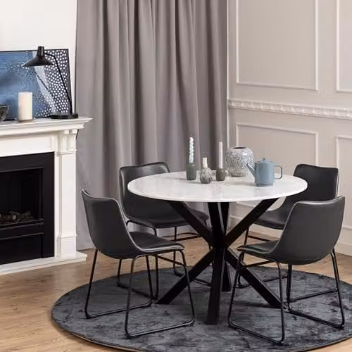 Furniture To Go Heaven Round Dining Table with White Polished Marble Top and 4 Black Oregon Dining Chairs with Cream Stitching