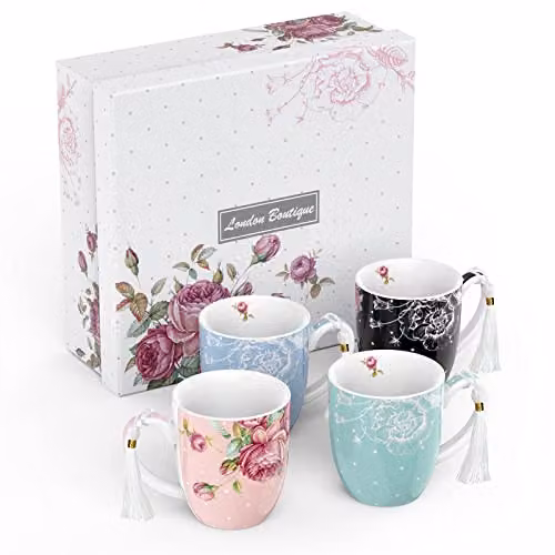 London Boutique Set of 4 Floral Porcelain Mugs, 350ml per Mug, Roses Design